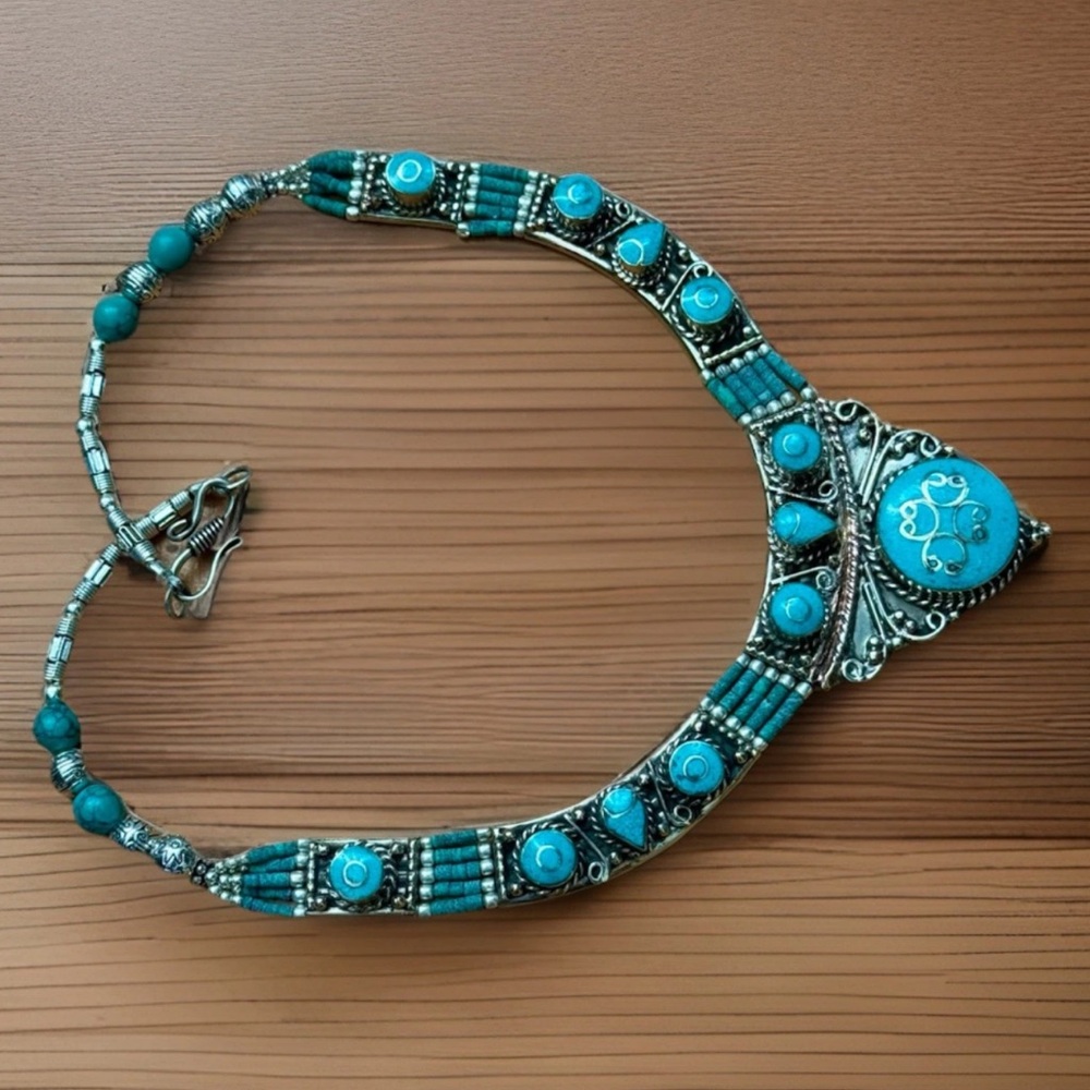 Handcrafted Ethnic Tribal Style Necklace Inlay Turquoise Set In Silver 124grams - Picture 6 of 7